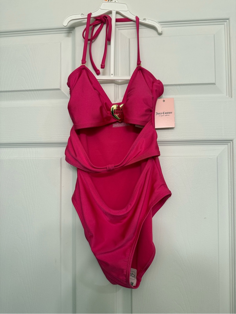 Juicy Couture Girls' Bright Pink Halter One-Piece Swimsuit with Gold Heart